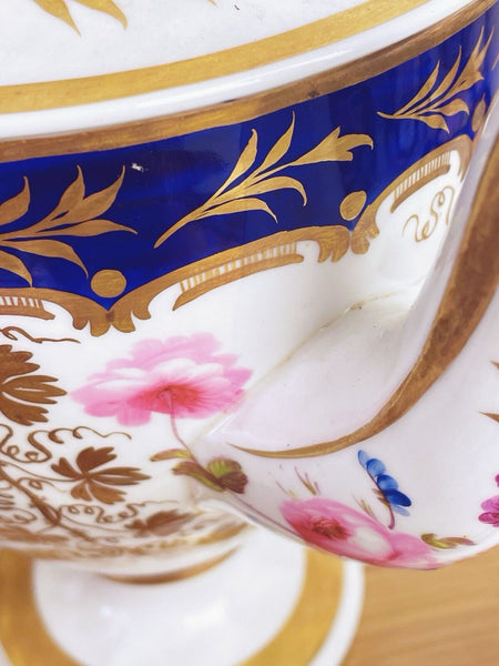 Antique Yates tea or hot water pot, handpainted flowers, cobalt ground.