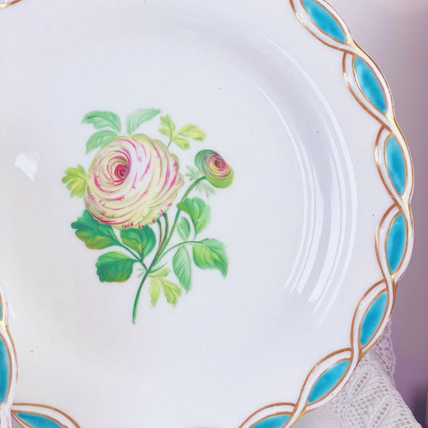 Antique Minton style dessert service, comport + 6 plates, cabbage rose turquoise