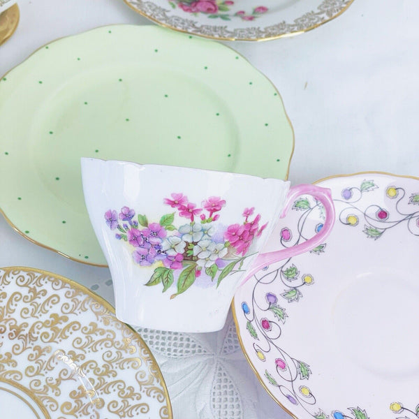 Vintage mismatch 21 piece tea set, pinks and greens, cake plate, trios, jug bowl