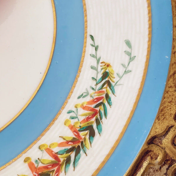 Antique Bodley plate, basketweave moulding, handpainted floral sprays, turquoise