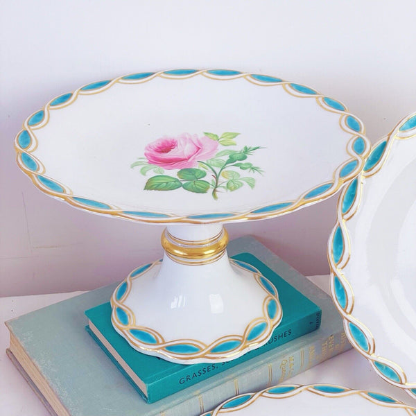 Antique Minton style dessert service, comport + 6 plates, cabbage rose turquoise