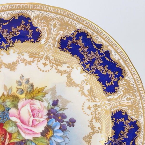 Aynsley J A Bailey signed 10.5 inch plate, handpainted cabbage rose, blue ground