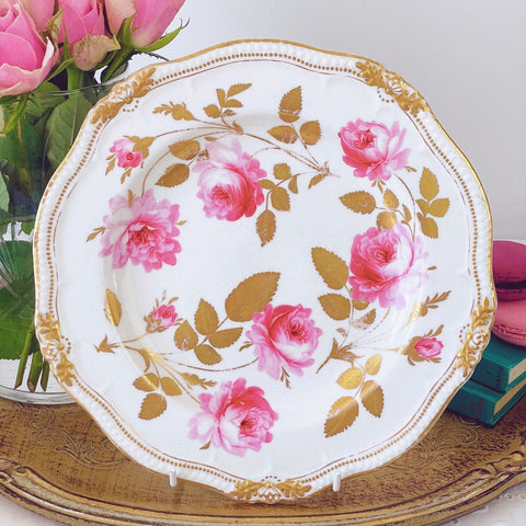 Antique Yates dessert plate, handpainted large pink cabbage roses, gilt foliage