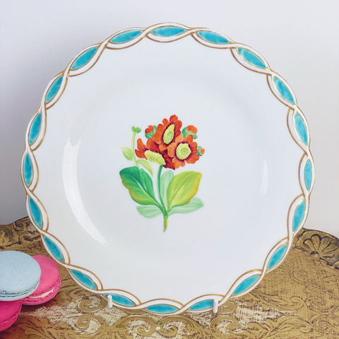 Antique Minton style dessert plate, central handpainted floral study, turquoise