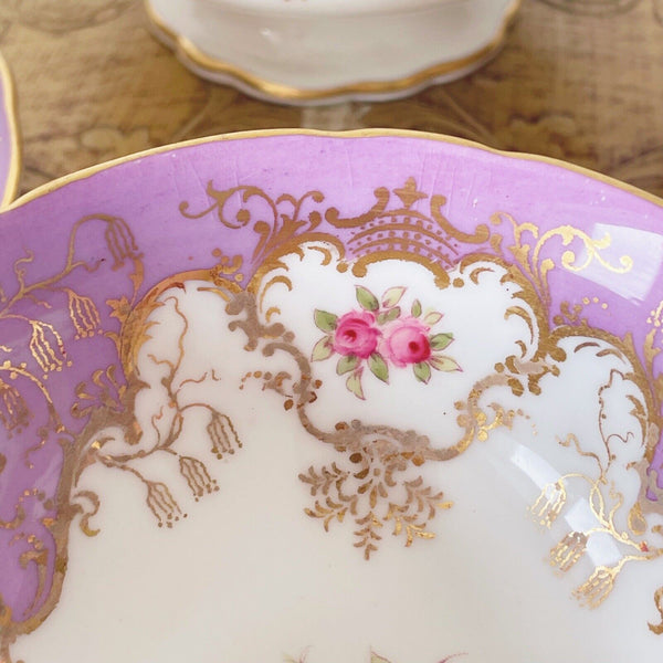 Coalport cabinet cup, lilac ground, handpainted cabbage roses batwing interest B