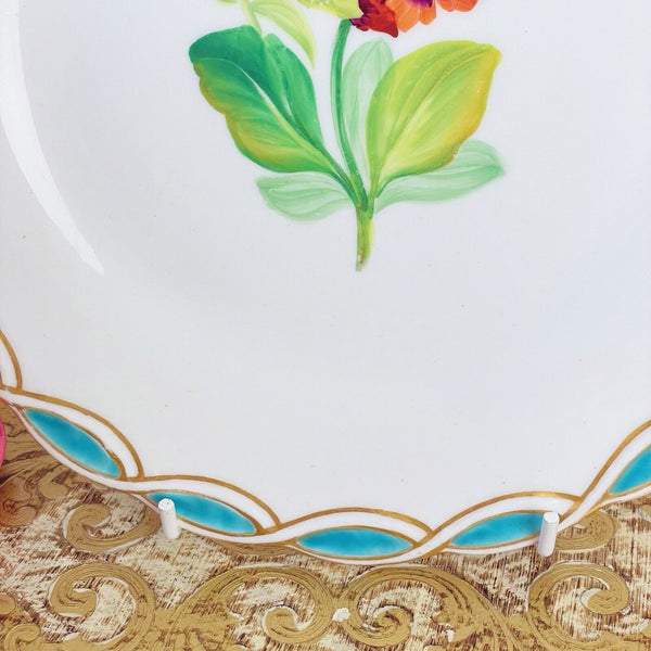 Antique Minton style dessert plate, central handpainted floral study, turquoise