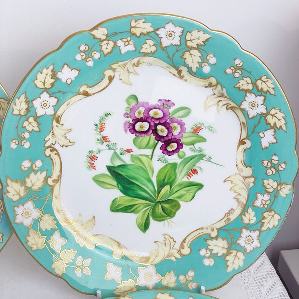 Samuel Alcock dessert service, six plates two comports, turquoise handpainted