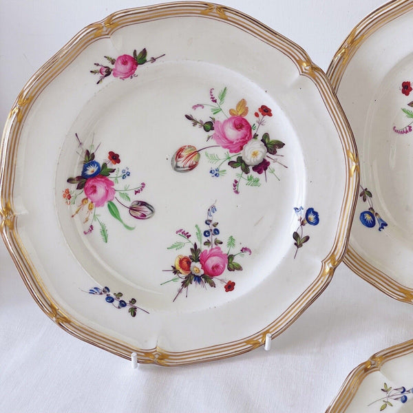 Set of four antique Davenport plates with handpainted flowers, dessert service