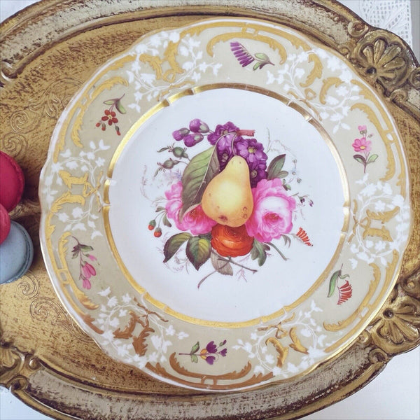 Antique Coalport moulded plate, c1820, handpainted with fruit and flowers