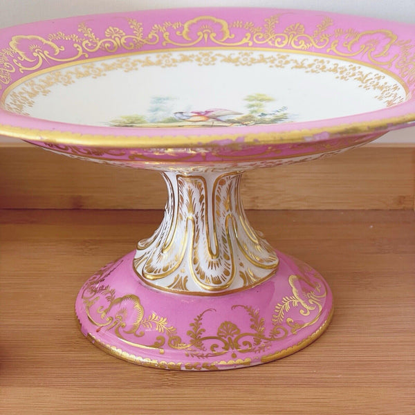 Antique pink Coalport comport stand, handpainted birds by Randall