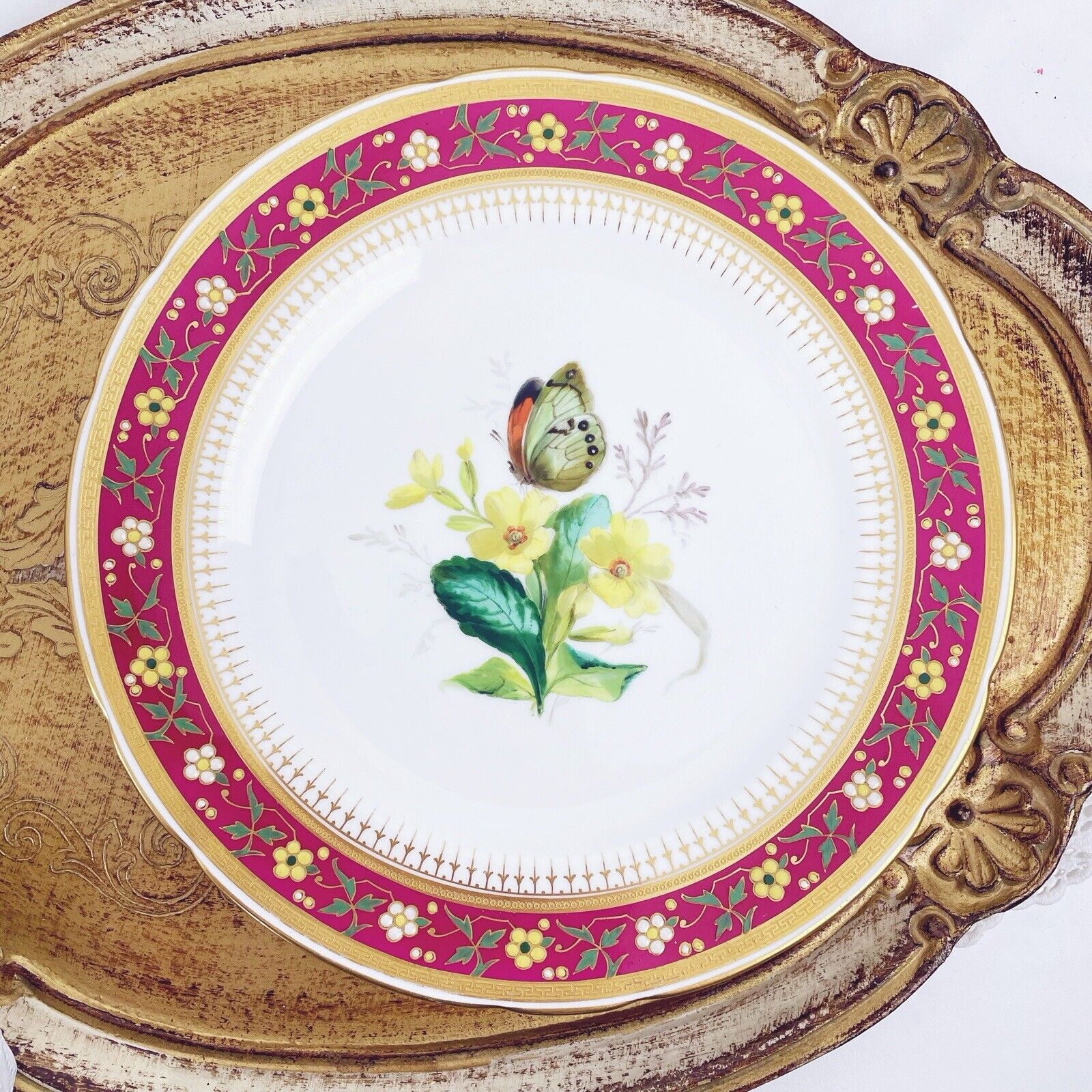 Antique Minton dessert plate, enamelled border, handpainted flowers, butterfly