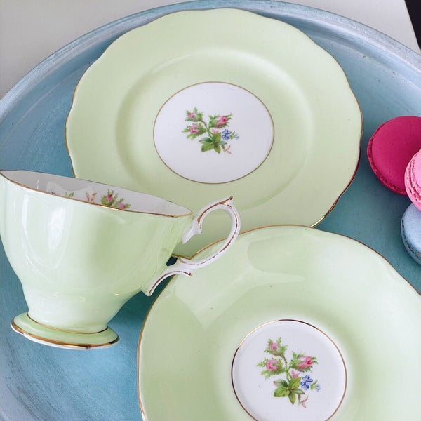 Royal Albert harlequin green teacup trio or milk jug/ sugar bowl, Moss Rose