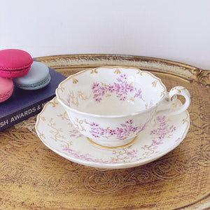 Antique Davenport teacup and saucer, lavender flowers