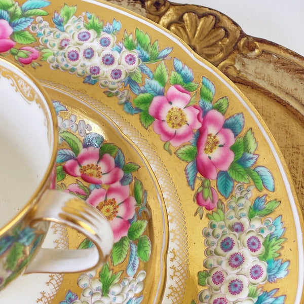 Antique Coalport teacup and saucer set with large plate, handpainted roses, gilt