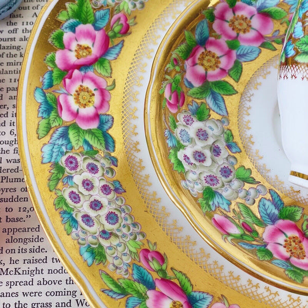 Antique Coalport teacup and saucer set with large plate, handpainted roses, gilt