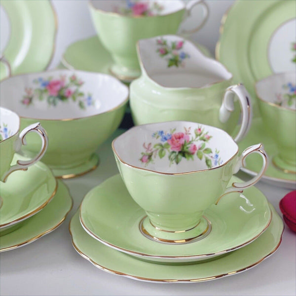 Royal Albert harlequin green teacup trio or milk jug/ sugar bowl, Moss Rose