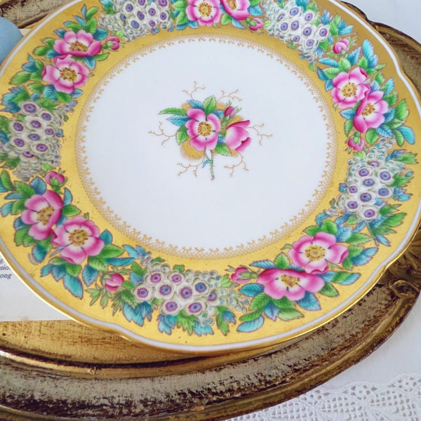 Antique Coalport teacup and saucer set with large plate, handpainted roses, gilt