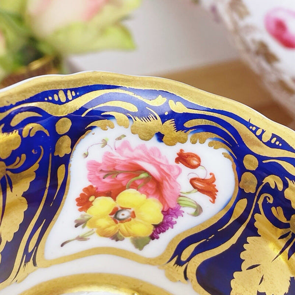 Antique Ridgway true trio teacup, coffee cup saucer, cobalt handpainted flowers