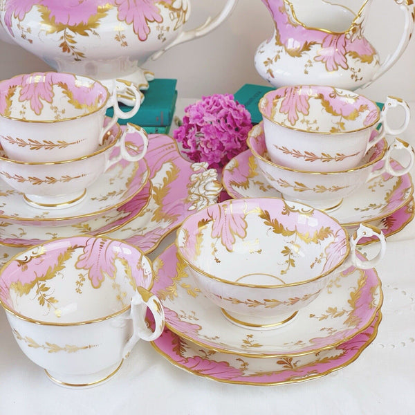 Antique Ridgway tea set, pink and gold, teapot, cake plate, sucrier, true trios