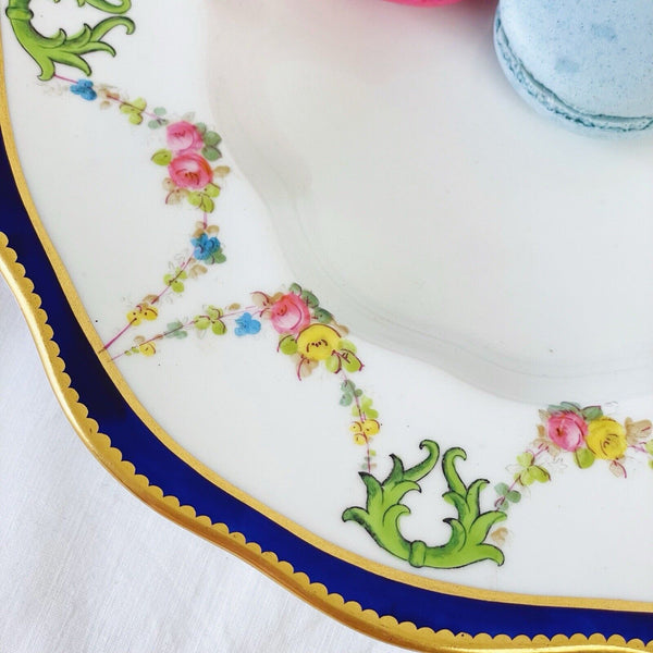 Antique Royal Crown Derby platter, handpainted rosebud swags, dated 1909