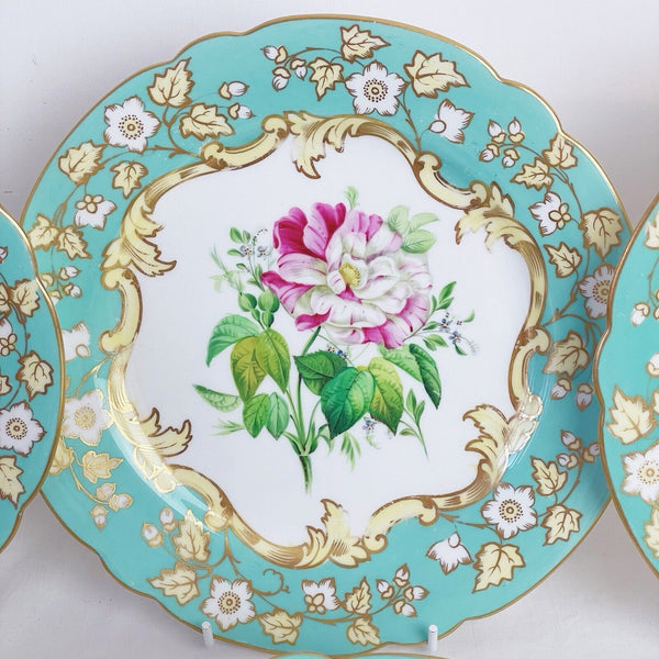 Samuel Alcock dessert service, six plates two comports, turquoise handpainted