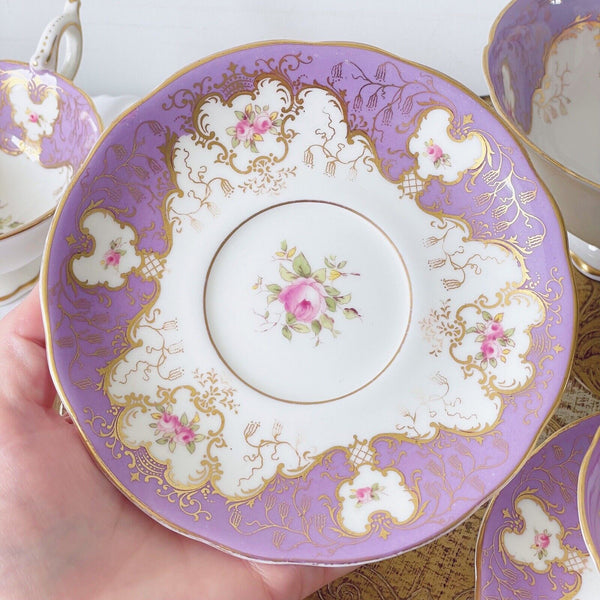 Coalport cabinet cup, lilac ground, handpainted cabbage roses batwing interest B