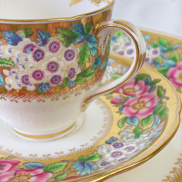 Antique Coalport teacup and saucer set with large plate, handpainted roses, gilt