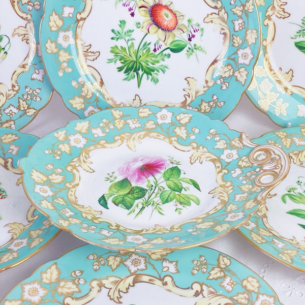 Samuel Alcock dessert service, six plates plus comport, turquoise handpainted