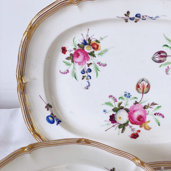 Set of four antique Davenport plates with handpainted flowers, dessert service