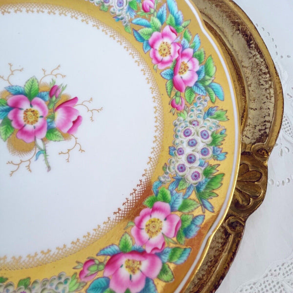 Antique Coalport large plate, handpainted pink roses, auriculas, flooded gilt