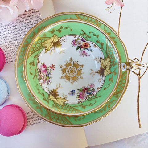 Antique Ridgway teacup and saucer, Chantilly shape, handpainted flowers