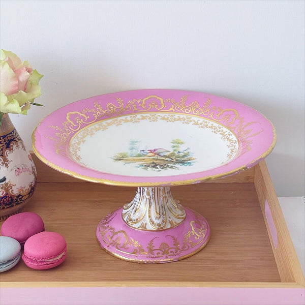 Antique pink Coalport comport stand, handpainted birds by Randall