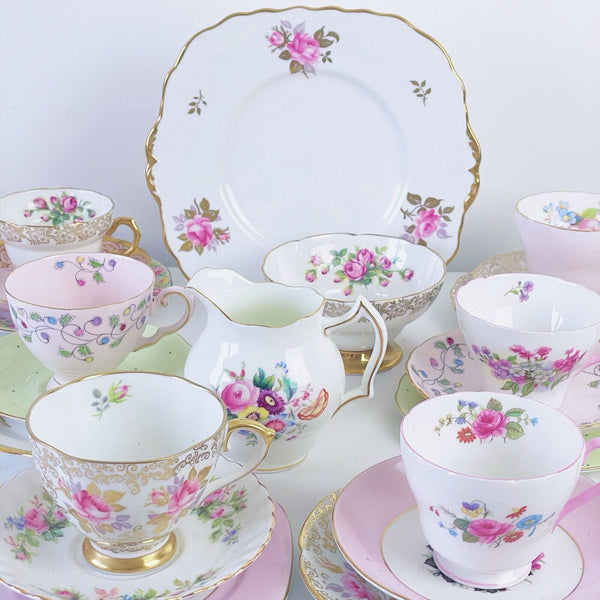 Vintage mismatch 21 piece tea set, pinks and greens, cake plate, trios, jug bowl