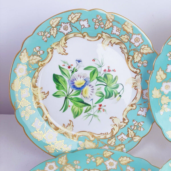 Samuel Alcock dessert service, six plates plus comport, turquoise handpainted