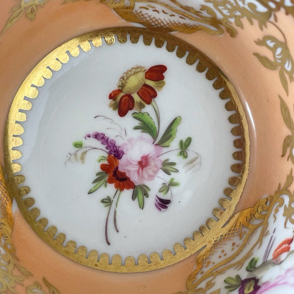 Antique Coalport Old English teacup and saucer, peach ground, flowers, shells