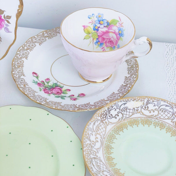 Vintage mismatch 21 piece tea set, pinks and greens, cake plate, trios, jug bowl