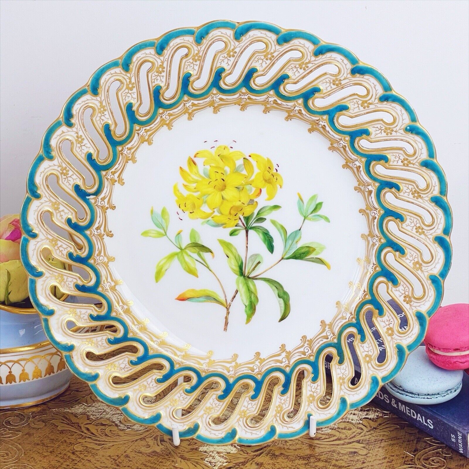 An antique Coalport reticulated dessert plate, handpainted botanical, turquoise