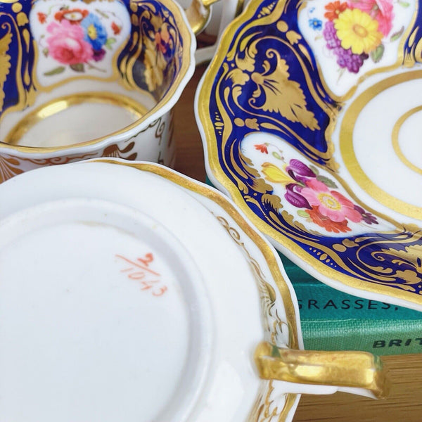 Antique Ridgway true trio teacup, coffee cup saucer, cobalt handpainted flowers