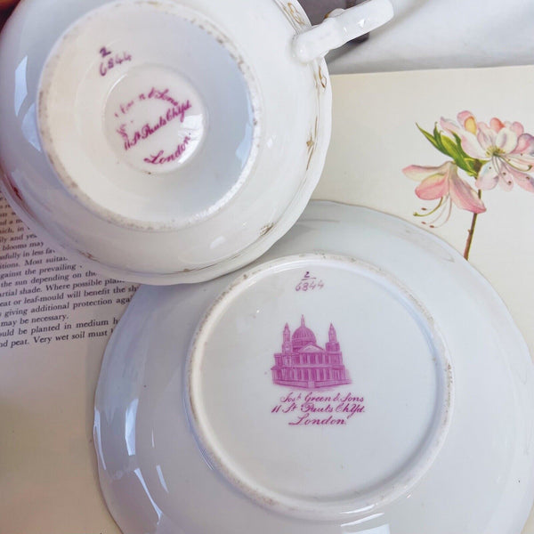 Antique Ridgway teacup and saucer, Chantilly shape, handpainted flowers