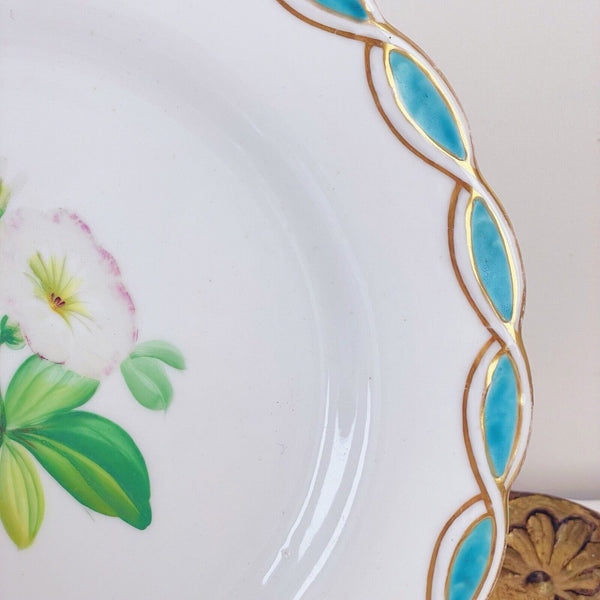 Antique Minton style dessert plate, central handpainted floral study, turquoise