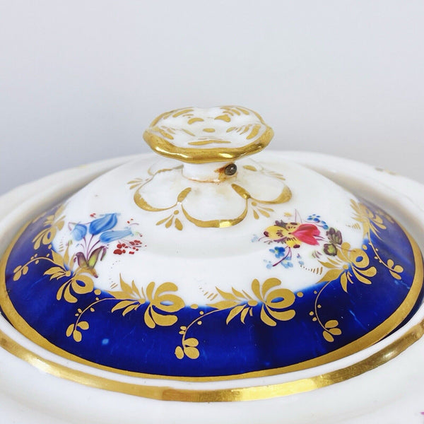 Antique Minton N shaped teapot, c1825, cobalt blue, handpainted flowers, useable