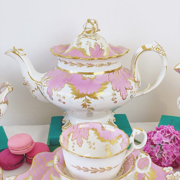 Antique Ridgway tea set, pink and gold, teapot, cake plate, sucrier, true trios