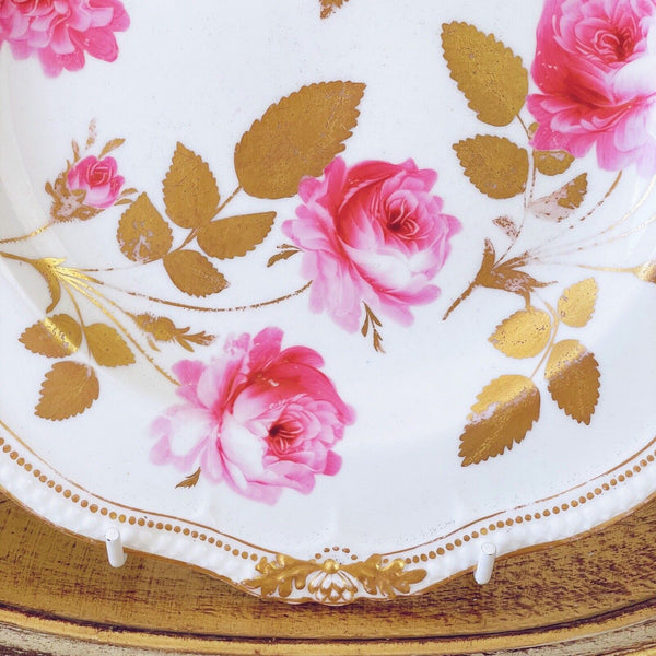 Antique Yates dessert plate, handpainted large pink cabbage roses, gilt foliage