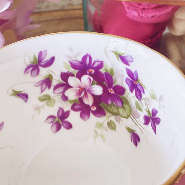 Aynsley crocus shape cup and saucer, pink with purple flowers, vintage cabinet