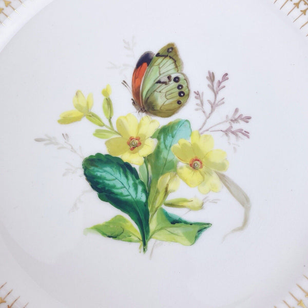 Antique Minton dessert plate, enamelled border, handpainted flowers, butterfly