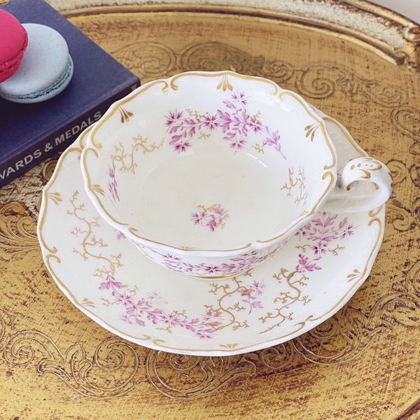 Antique Davenport teacup and saucer, lavender flowers