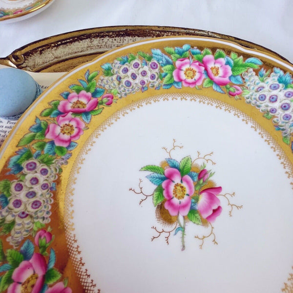 Antique Coalport large plate, handpainted pink roses, auriculas, flooded gilt