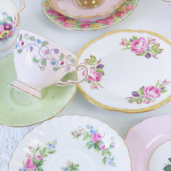 Vintage mismatch 21 piece tea set, pinks and greens, cake plate, trios, jug bowl