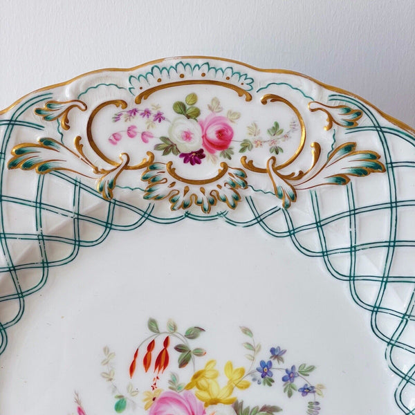 Antique Minton Newcastle shape dessert plate, handpainted flowers, 1855