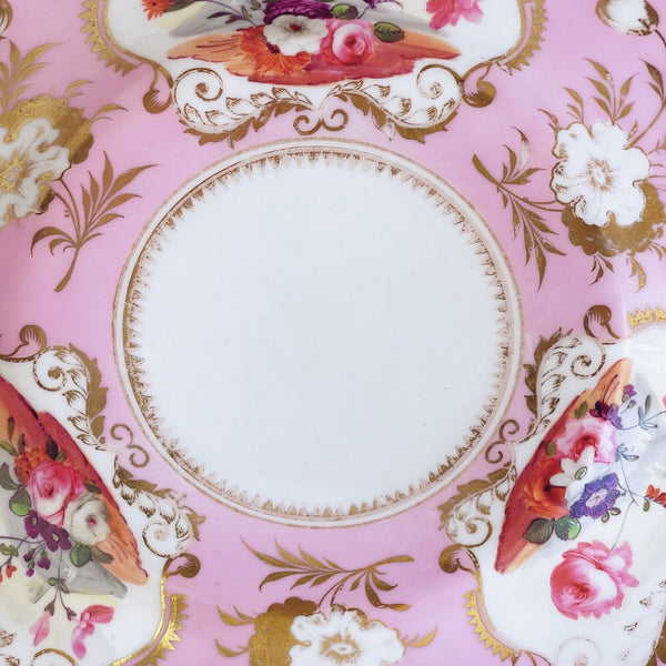 Antique Yates cake plate, pink ground with handpainted floral cartouches c.1825